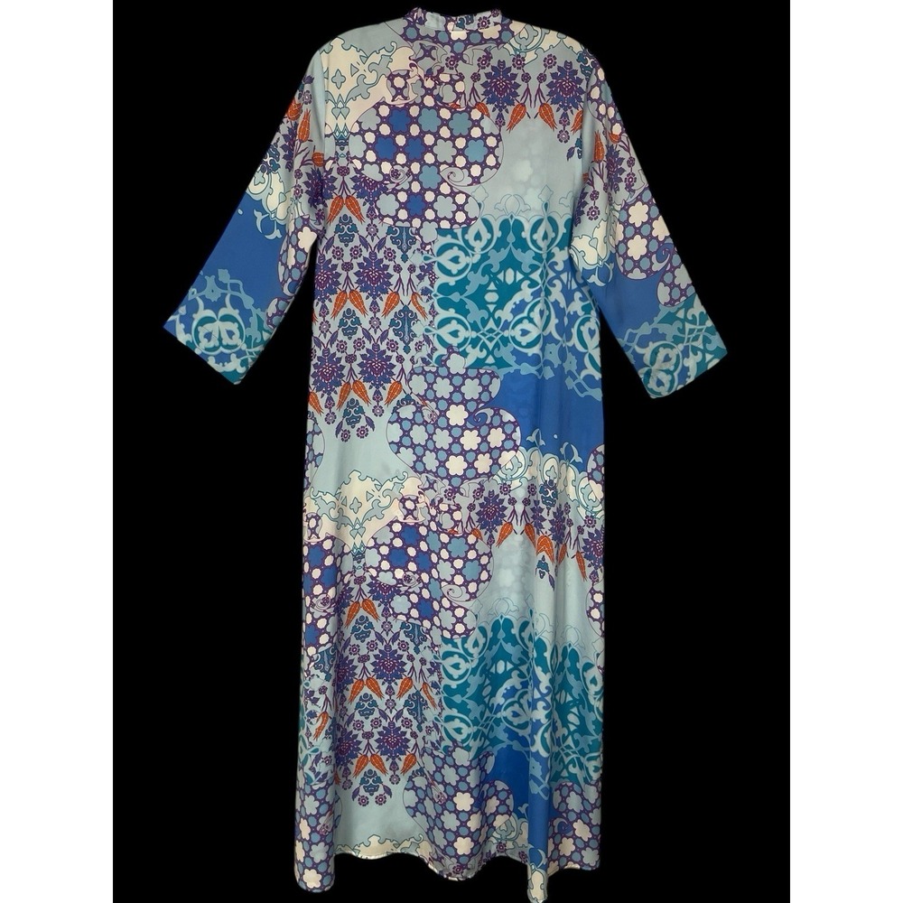Natori Abstract Floral Blue Kaftan Maxi Dress Womens S Satin Lounge Resort Beach - Picture 5 of 9